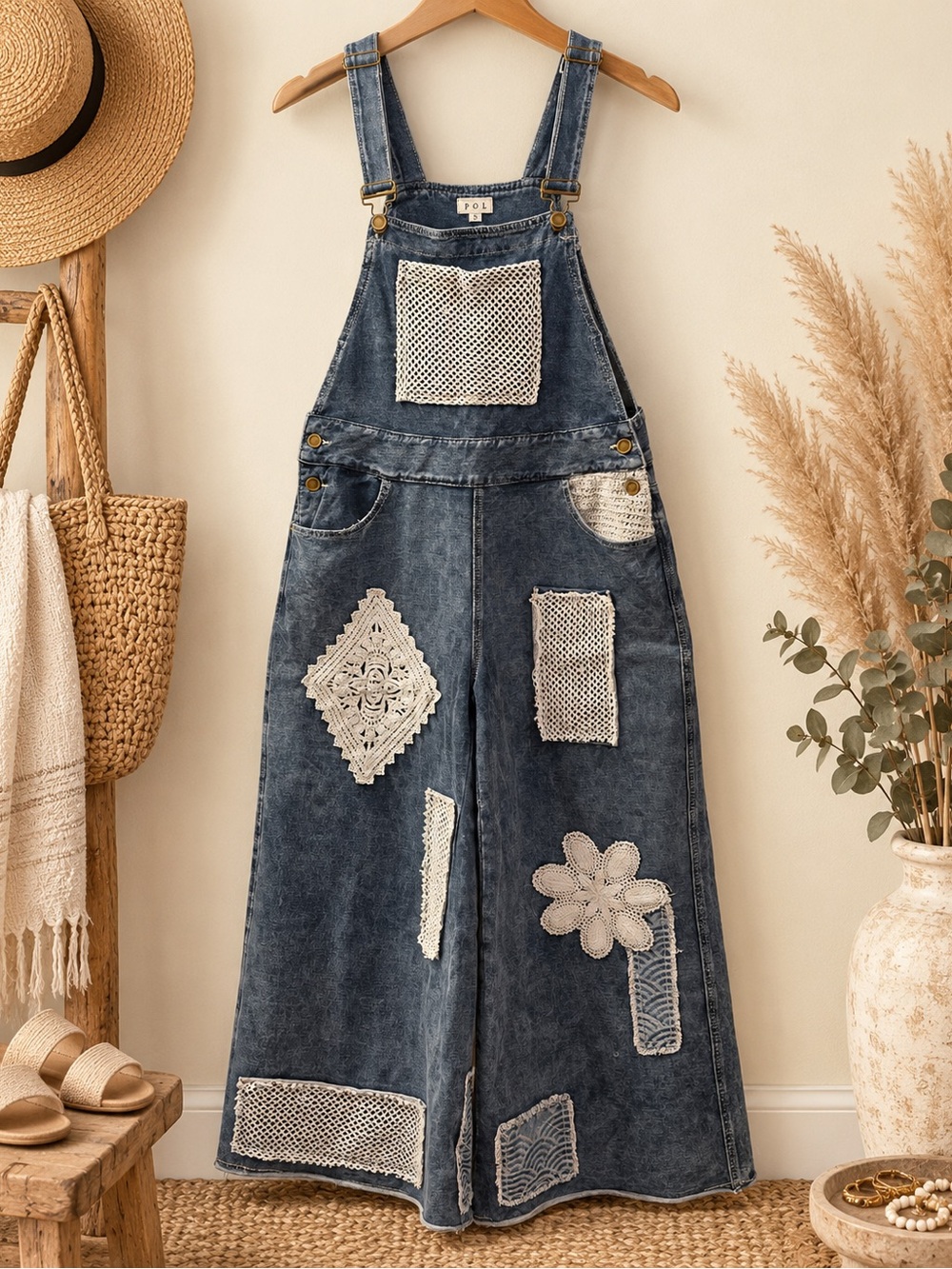 NWOT - POL Denim Patchwork Crochet Wide Leg Overalls - Small